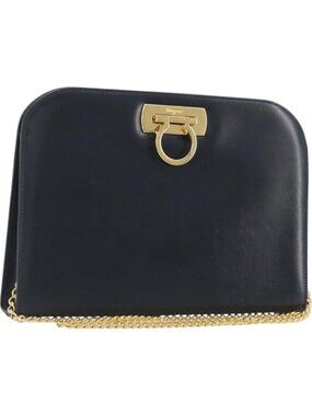 Salvatore Ferragamo Gancini Chain Shoulder Bag Leather Navy Gold